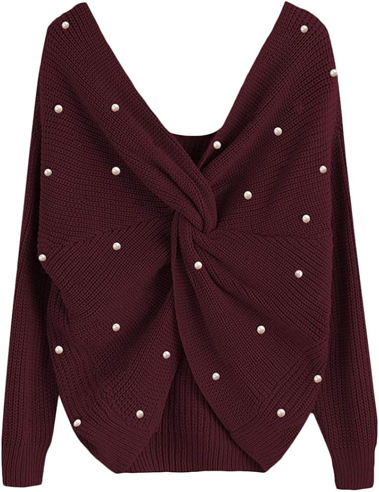 Women’s V Neck Criss Cross Back with Pearl Long Batwing Sleeve Loose Knitted Pullover Sweater | Amazon (US)