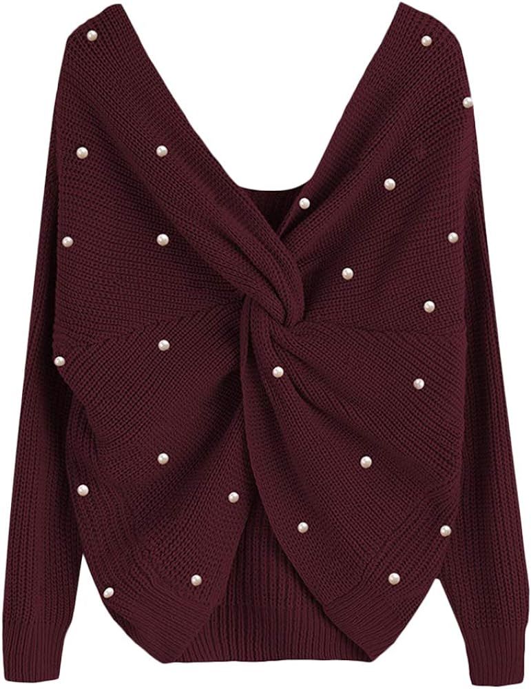 Women’s V Neck Criss Cross Back with Pearl Long Batwing Sleeve Loose Knitted Pullover Sweater | Amazon (US)