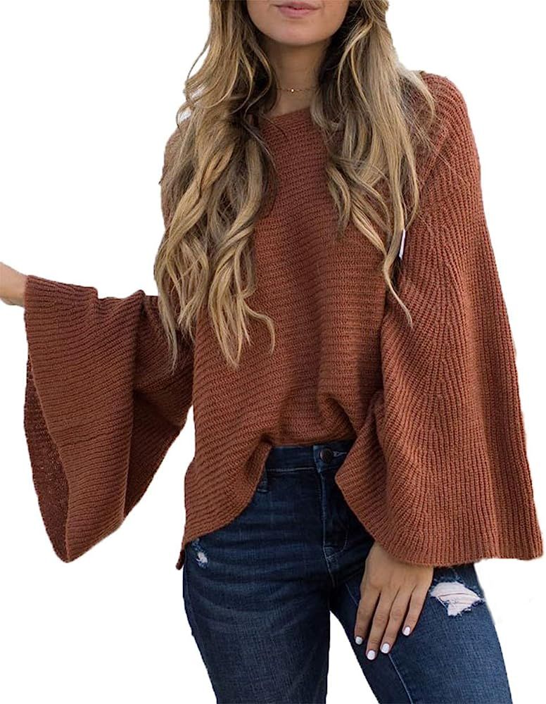 Women's Casual Kimono Bell Sleeve Patchwork Stripe Loose Fit V Neck Pullover Sweater Knitted Tops... | Amazon (US)