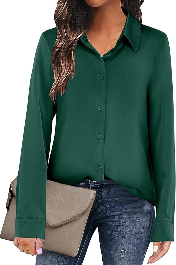 ANRABESS Blouse for Women Dressy Casual Satin Long Sleeve Button Down Shirts 2025 Fall Outfits Of... | Amazon (US)