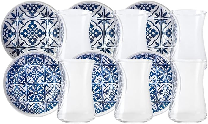 KARACA Mavili Turkish Tea Cups Set - 12 Piece Turkish Tea Glasses and Stoneware Saucers - Authent... | Amazon (US)