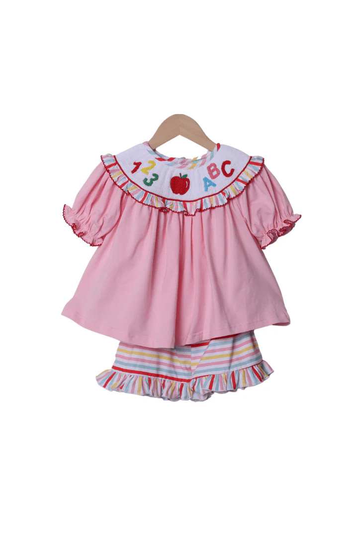 Smocked ABC/123 Pink/Multi Color Stripe Short Set | The Smocked Flamingo