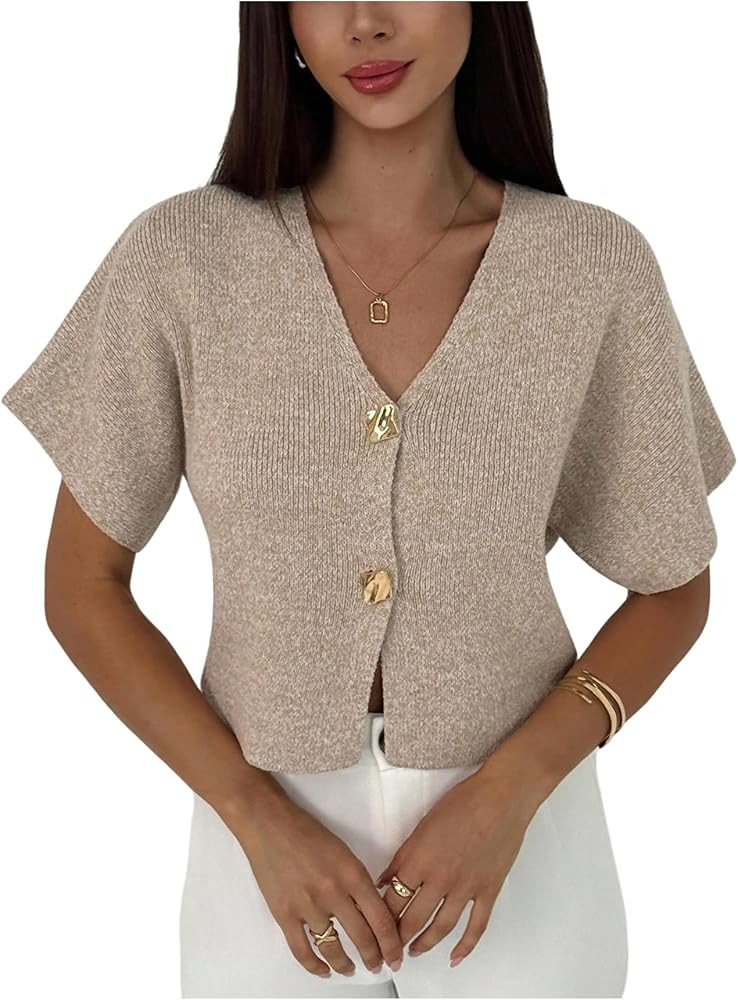 SOLY HUX Women's Short Sleeve Cardigan Sweater Spring Office Clothes Button Down V Neck Slim Fit ... | Amazon (US)