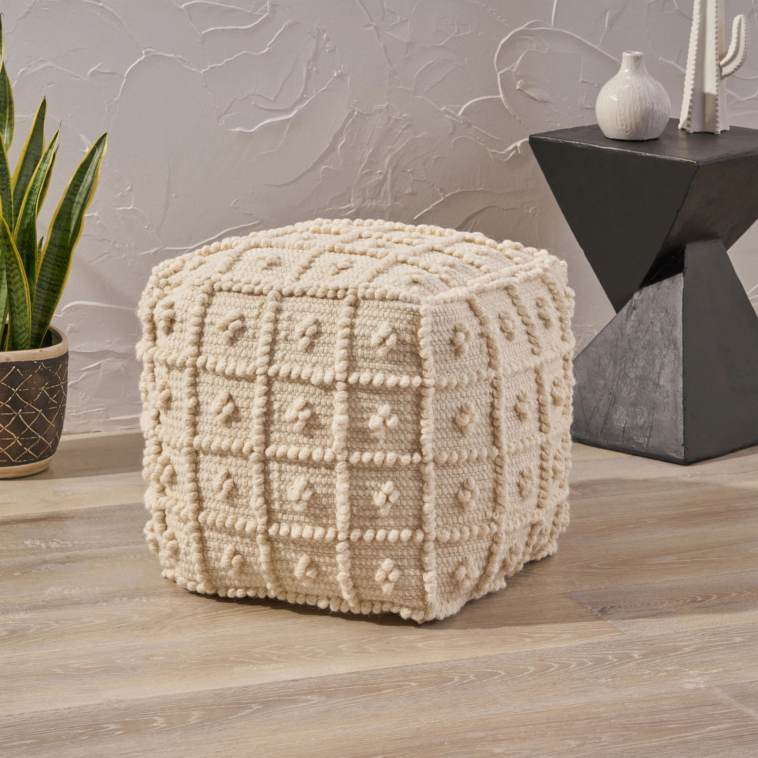 Dinah Boho Wool and Cotton Ottoman Pouf, Ivory | Walmart (US)