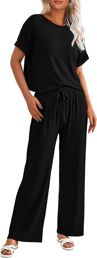 PRETTYGARDEN Women's Summer 2 Piece Knit Loungewear Short Sleeve T Shirts Wide Leg Pants Tracksui... | Amazon (US)