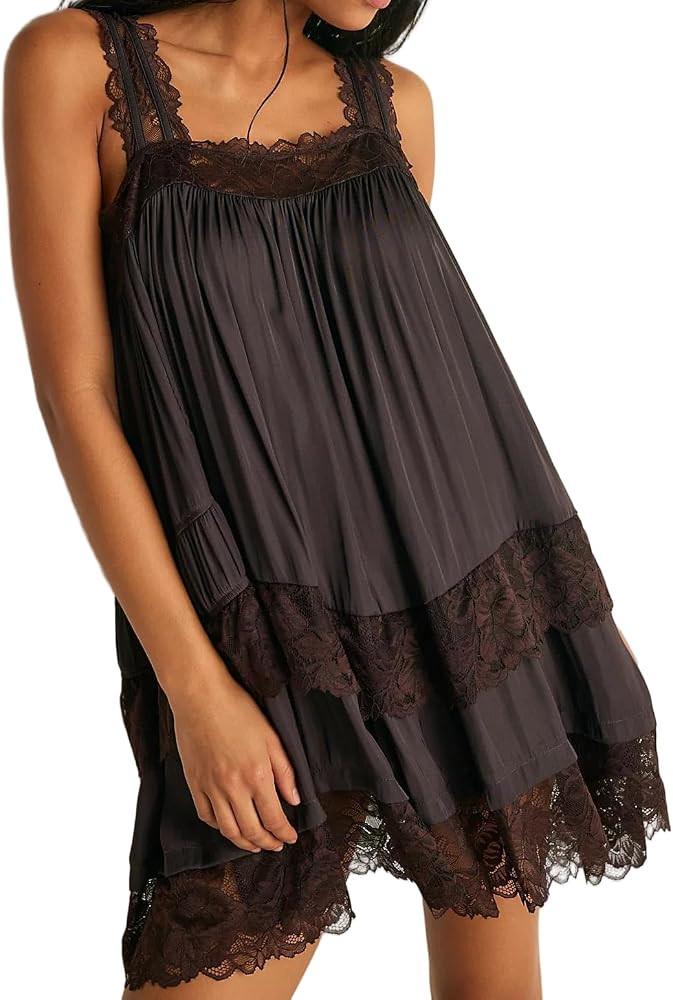 Y2k Ruffle Mini Slip Dress for Women Boho Sleeveless Lace Trim Babydoll Dress Square Neck Tiered ... | Amazon (US)
