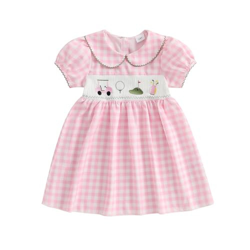 Toddler Baby Girl Golf Smocked Puff Short Sleeve Dress 12 18 Month 2T 3T 4T 5T Collared Plaid Tunic Playwear Dresses (Pink, 2-3 Years) | Amazon (US)