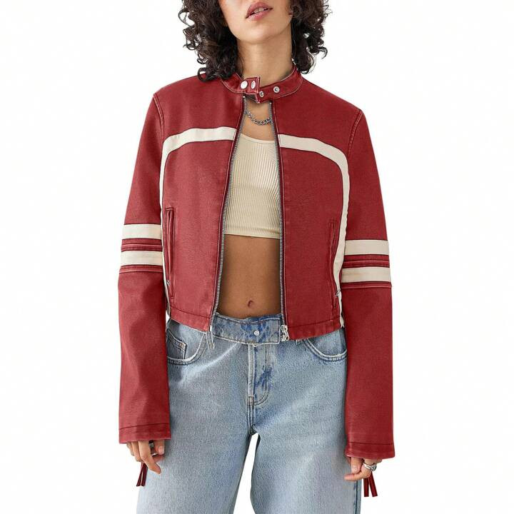SnugSopt Women's Faux Leather Jackets Zip Up Stand Collar Cropped Motocross PU Coats | SHEIN