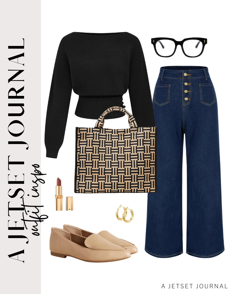 The last outfit is a combination of a black cropped sweater from CIDER paired with Belle Poque jeans. These loafer flats and the Jacquard tote bag, both from Amazon Essentials, are perfect for this look. Complete this fit with Wowshow gold hoop earrings and SOJOS glasses. 

 #LTKSeasonal #LTKSaleAlert #LTKTravel