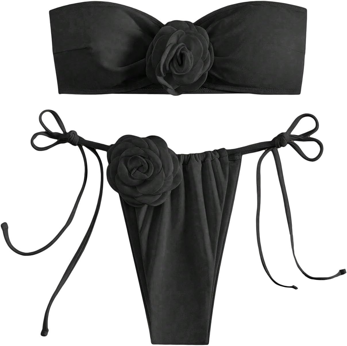 MakeMeChic Women's 2 Piece Bandeau Swimsuit 3D Floral Tie Side High Cut Bikini Set Bathing Suit | Amazon (US)
