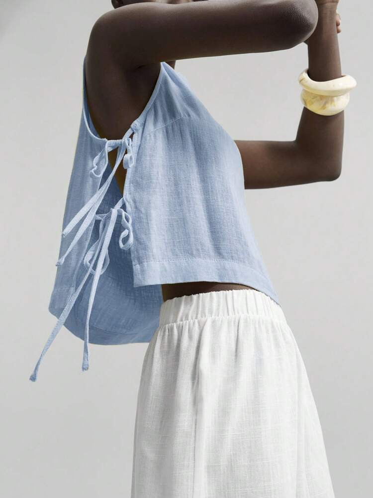 Ontre 2026SS Music Festival, Concert, Country Music Festival, Women's Music Performance Outfit, 2025 New Arrival, Comfortable Casual Linen Side Bow Design Sleeveless Round Neck Tank Top For Women, Spring Summer Daily Wear, Beach Holiday Boho Style, Summer Ins Resort Vibe, Country Music Festival Western Style, Women's Holiday, Beach, Office Outfit | SHEIN
