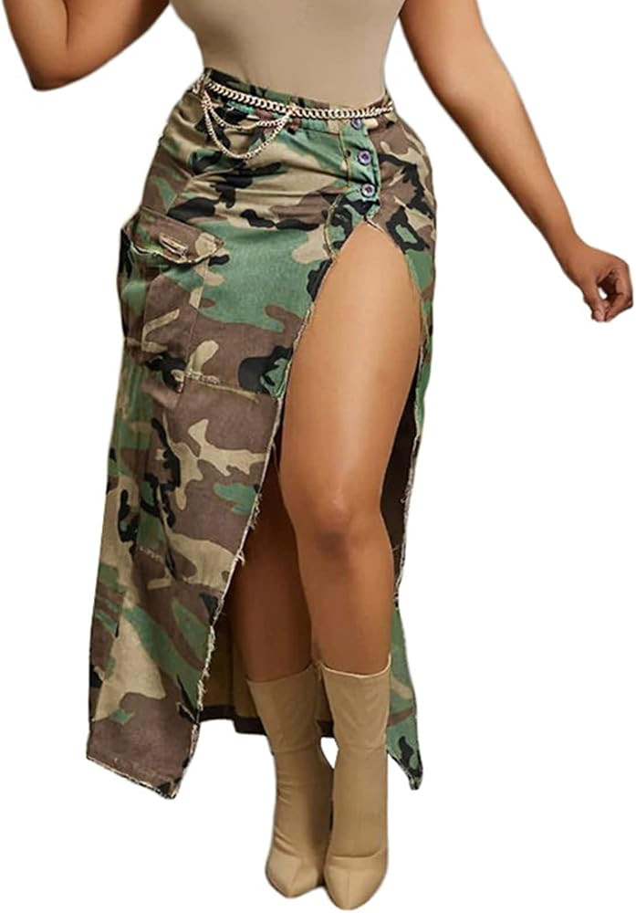 Women's Camo Army Ripped Jeans A-Line Asymmetric Midi High Slit Tassels Skirt | Amazon (US)