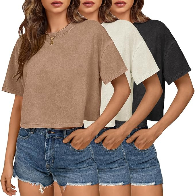 Womens Cropped Tops Acid Wash Short Sleeve T-Shirt Baggy Cotton Tee Vintage Round Neck Basic Tees... | Amazon (US)