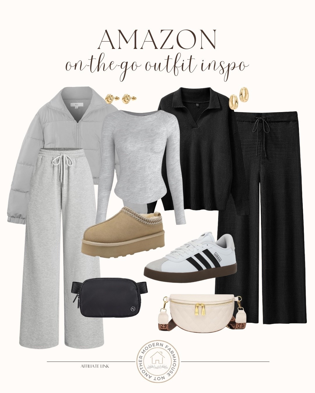 Amazon on-the-go outfit inspiration! Affordable women's fashion finds, cozy puffer jacket, joggers and comfortable sneakers, trendy fashion, slipper look for less, mom style, loungewear, matching set, throw on and go, styled look. 

 #LTKActive #LTKFindsUnder50 #LTKStyleTip