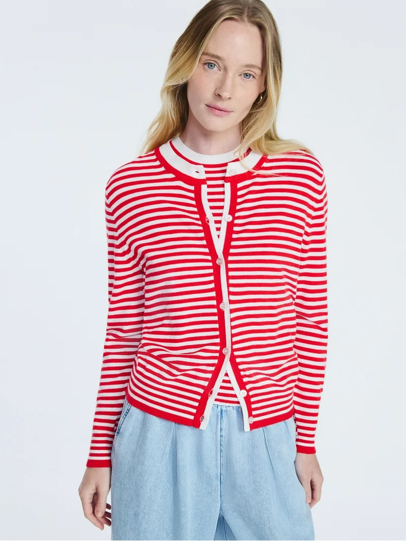 Free Assembly Women's Cozy Yarn Classic Striped Cardigan Sweater, Lightweight, Sizes XS-XXL | Walmart (US)