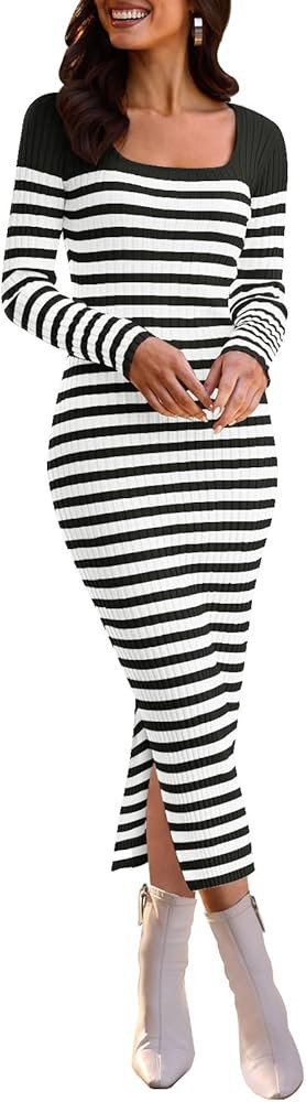 MEROKEETY Women's Fall Long Sleeve Striped Sweater Dress Bodycon Square Neck Ribbed Knit Slit Mid... | Amazon (US)