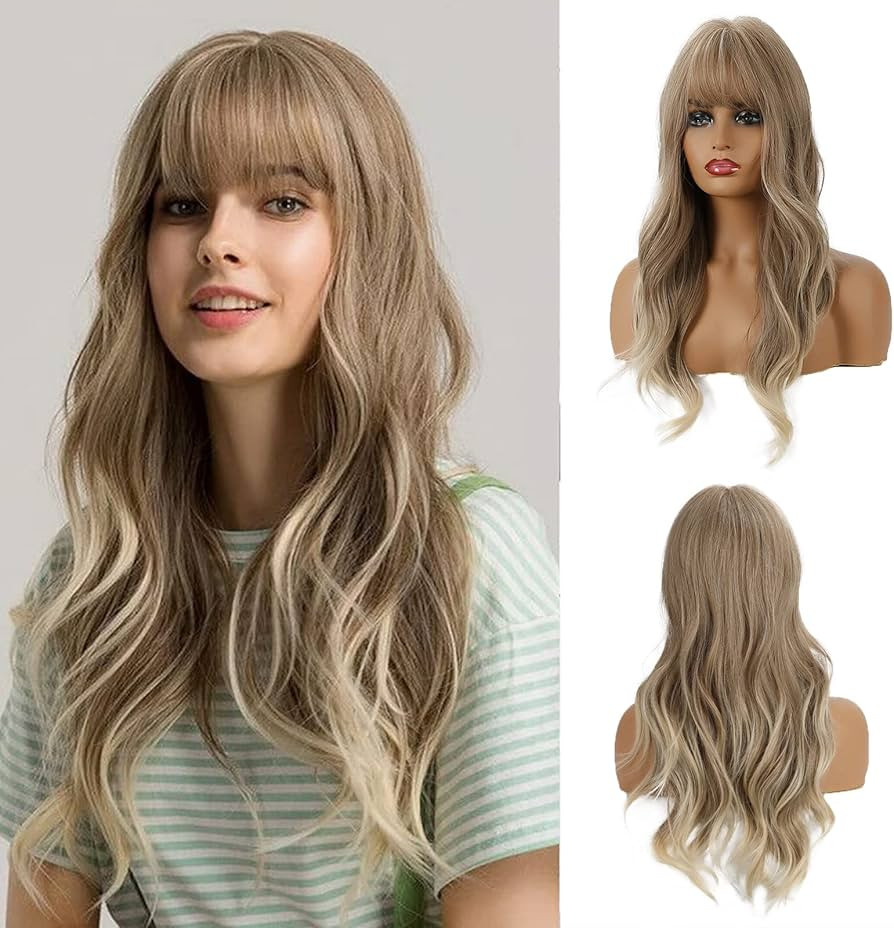 OUFEI 24 Inches Ash Blonde Wigs With Bangs for Women Natural Synthetic Wavy Wigs Heat Resistant H... | Amazon (US)