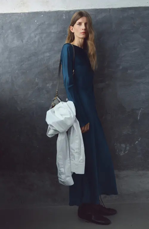 MANGO Long Sleeve Satin Midi Dress in Navy at Nordstrom, Size 6 | Nordstrom