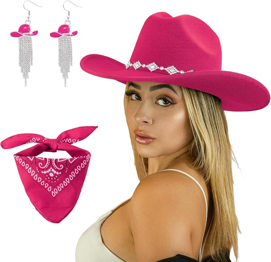 Western Cowgirl Hat for Women Men, Fedora Wide Brim Rhinestone Cowboy Hat with Bandana and Cowgir... | Amazon (US)