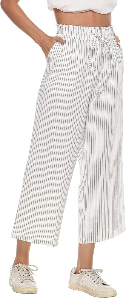 Womens Casual Linen Pants Wide Leg High Elastic Waisted Drawstring Summer Pants | Amazon (US)