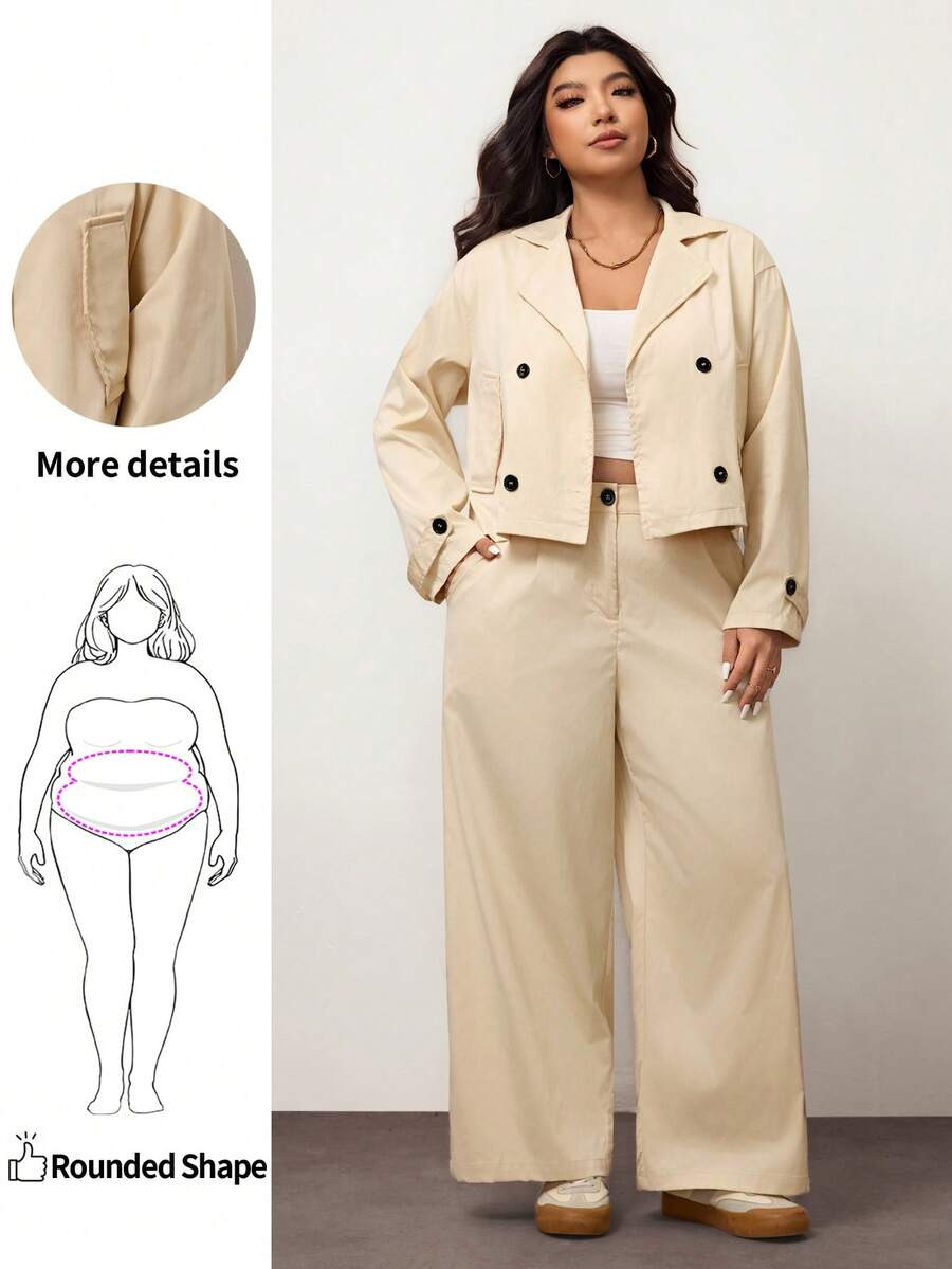 LocalEnliva 2pcs Plus Size Casual Short Basic Windbreaker Jacket And Straight Leg Casual Pants Se... | SHEIN