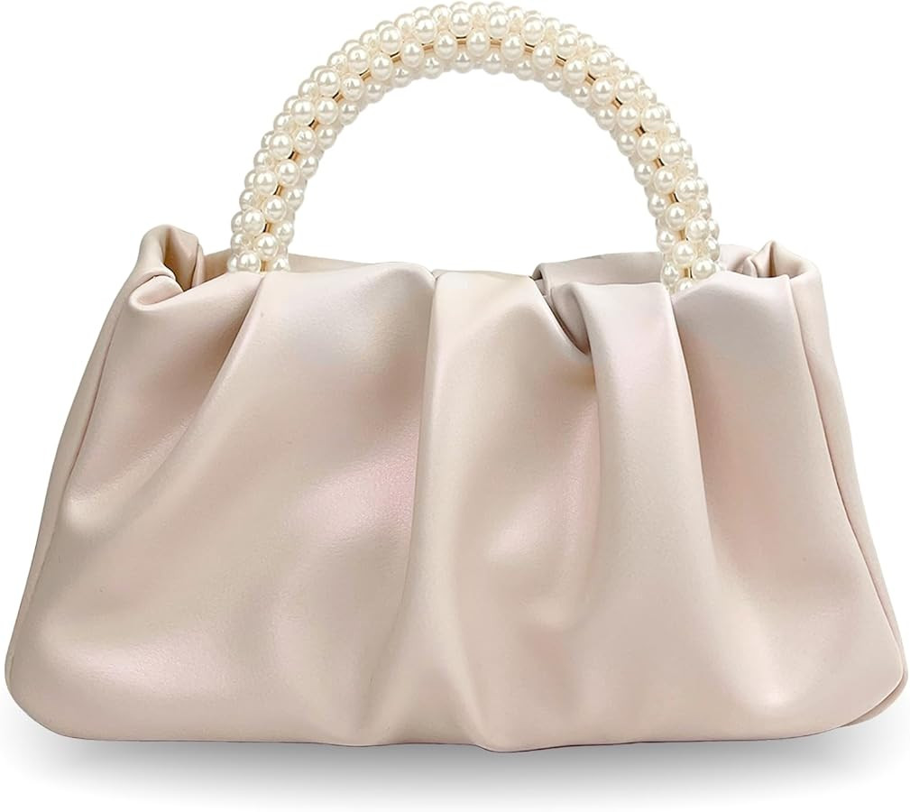 Women's Evening Pearl Clutch Purse Soft Leather Ruched Bag for Wedding Bridal Party Prom Formal Events | Amazon (US)