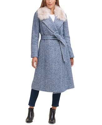 Cole Haan Women's Herringbone Faux-Fur-Collar Belted Wrap Coat & Reviews - Coats & Jackets - Wome... | Macys (US)