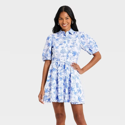 Women's Puff Sleeve Mini Shirtdress - A New Day™ Blue/White Toile M | Target