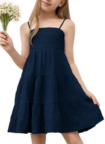 blibean Girls Summer Sun Dress Tween Kids Sleeveless Sundresses Solid Fancy Strap Clothes Boho Smock Tiered Outfit Beach Clothing Swing Vestidos Niñas Size 6-7 Years Old Dark Blue | Amazon (US)