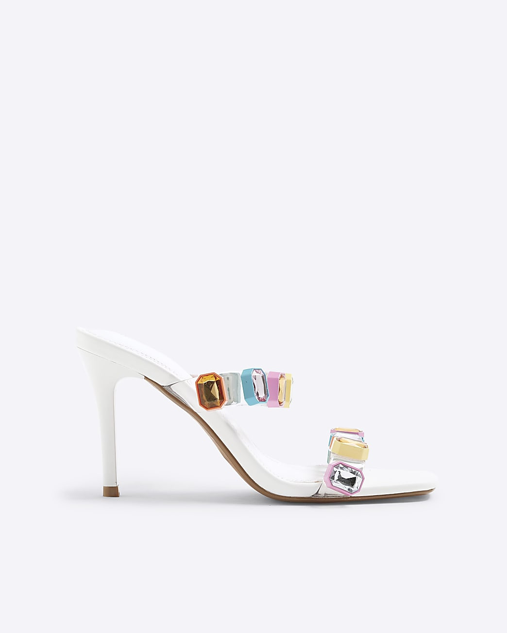 White Cased Gemstone Mule Heels | River Island UK & IE