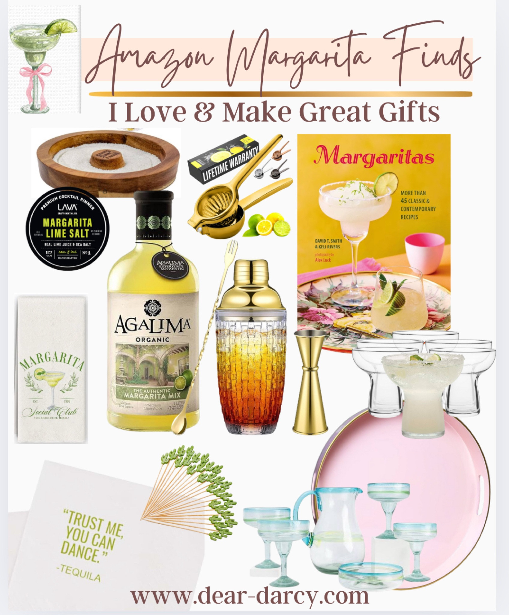 Amazon Margarita Finds

Salt Rimmer
Lime salt 
Margarita recipe book
Margarita tea towel
Cocktail shaker 
Margarita glasses
Margarita pitcher and glass set
Drink Serving  tray
Cocktail napkins 
Cactus Skewers 
Citrus juicer 
Margarita mix

