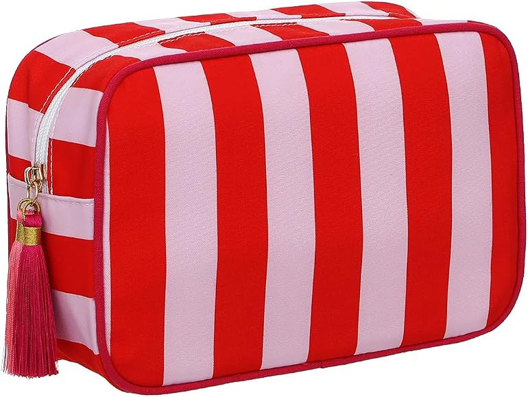Stripe Makeup Bag Travel Cosmetic Bag Organizer Tassel Toiletry Bag Large Canvas Zipper Pouch and... | Amazon (US)