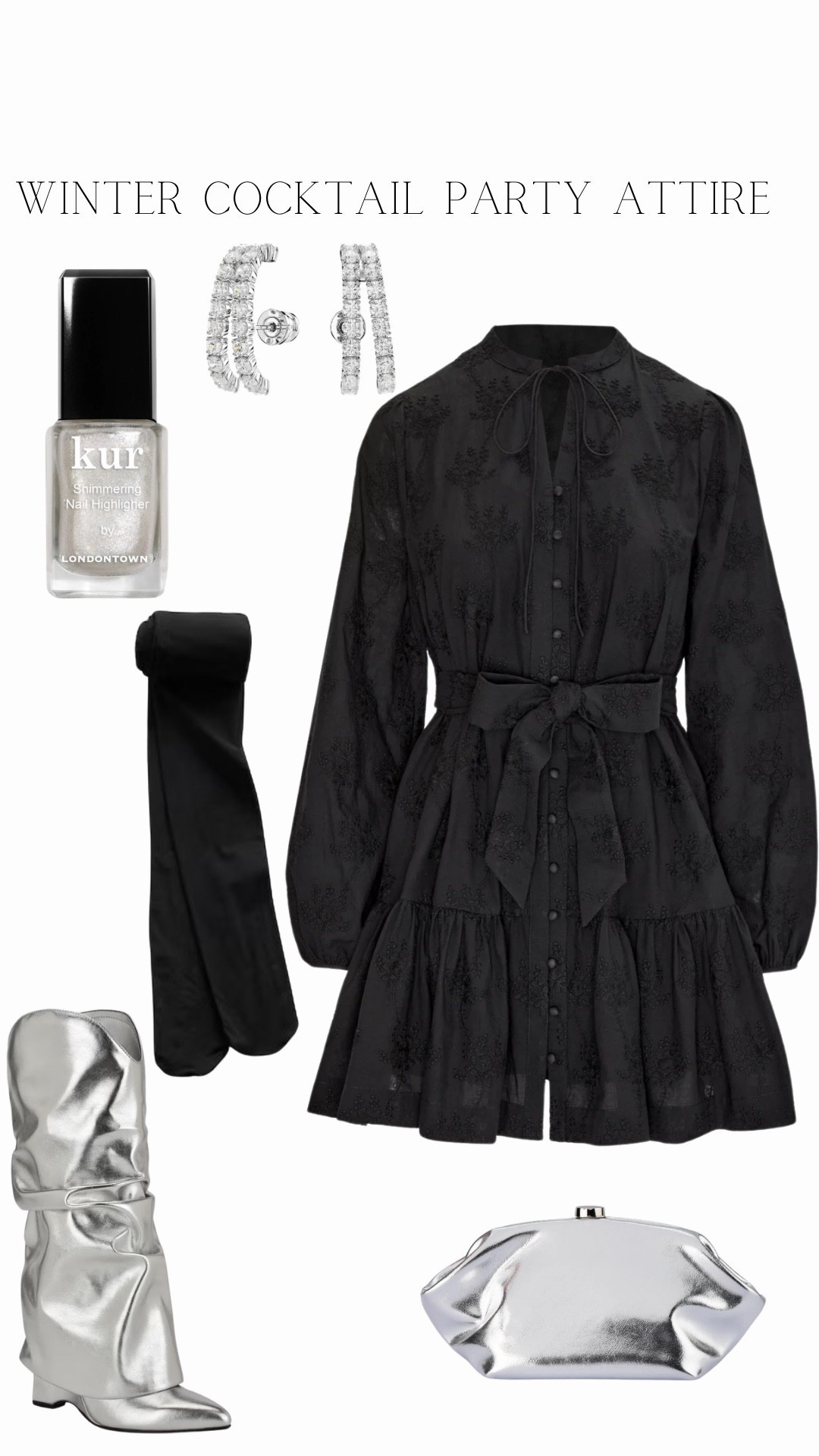 Holiday Cocktail Dress Fit

Black Mini Dress: Hill House Home (Yara Mini Dress)
Black Sheer Tights: GAP
Silver Metallic Bootie: Nine West (Amazon Bootie)
Silver Metallic Faux Leather Clutch: Olga Berg (Tally Clutch)
Ear Cuffs: Swarovski (Matrix Ear Cuffs)
Parfum Spray: Moschino (Toy 2) 
Nail Polish: Londontown (color:mirror ball)

#LTKHoliday #LTKStyleTip #LTKSeasonal