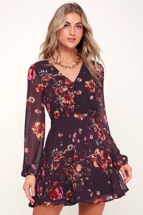 Always Yours Plum Purple Floral Print Long Sleeve Skater Dress | Lulus (US)