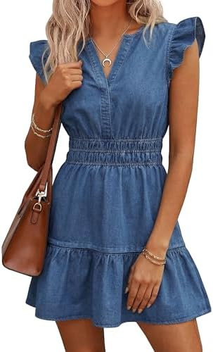 BISUAL Denim Dress for Women Ruffle Sleeve Empire Waist Jean Dress Flowy Tiered A Line Mini Denim... | Amazon (US)