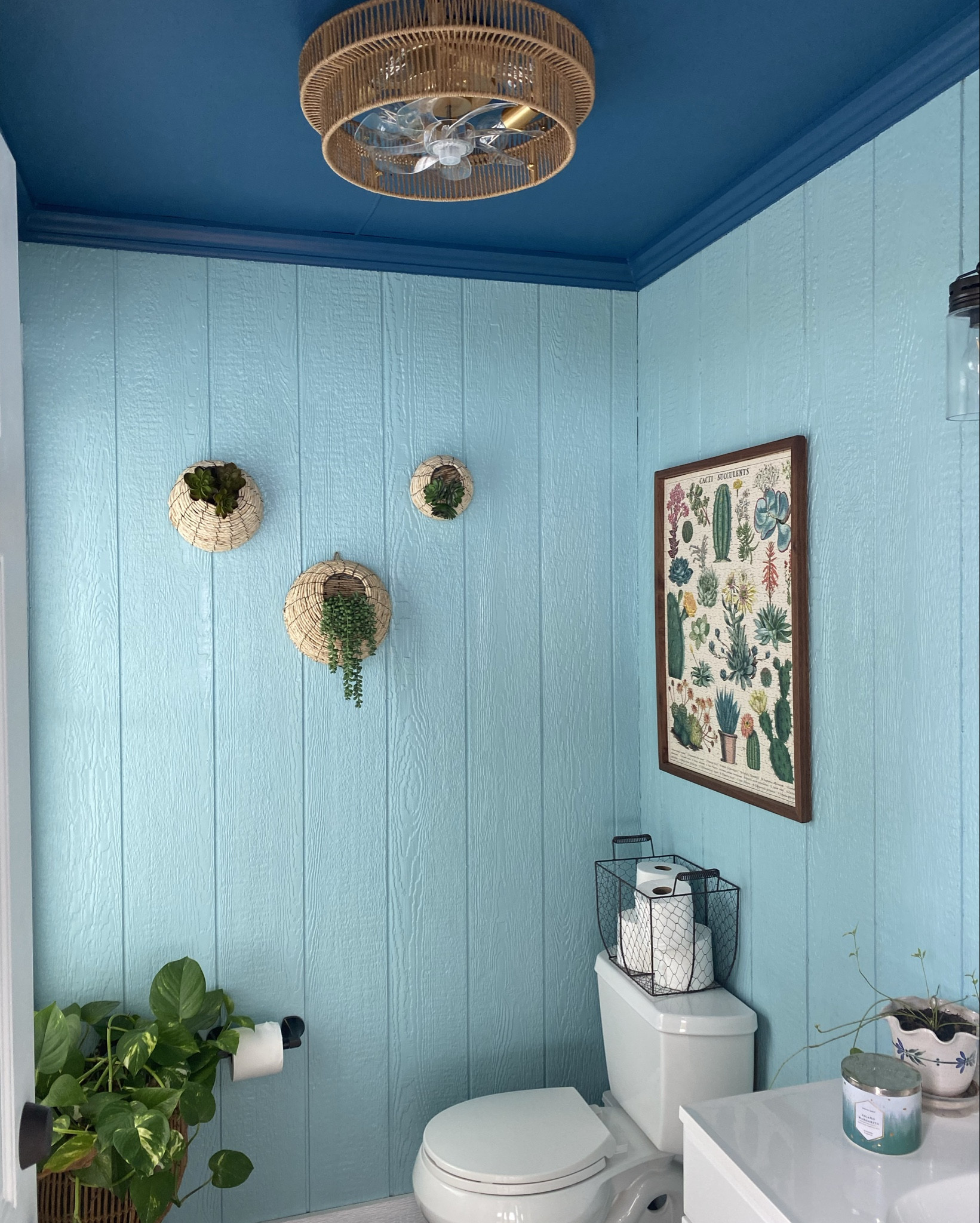 Bought this under $100 fandelier for our pool house. It’s an instant budget friendly upgrade from the original fluorescent lights. Swipe to watch video and hear the birds chirping in the background. 
:
The succulent art is actually a puzzle. My husband built the frame for it. It’s linked! #LTKMothersDay

#LTKHome #LTKOver40