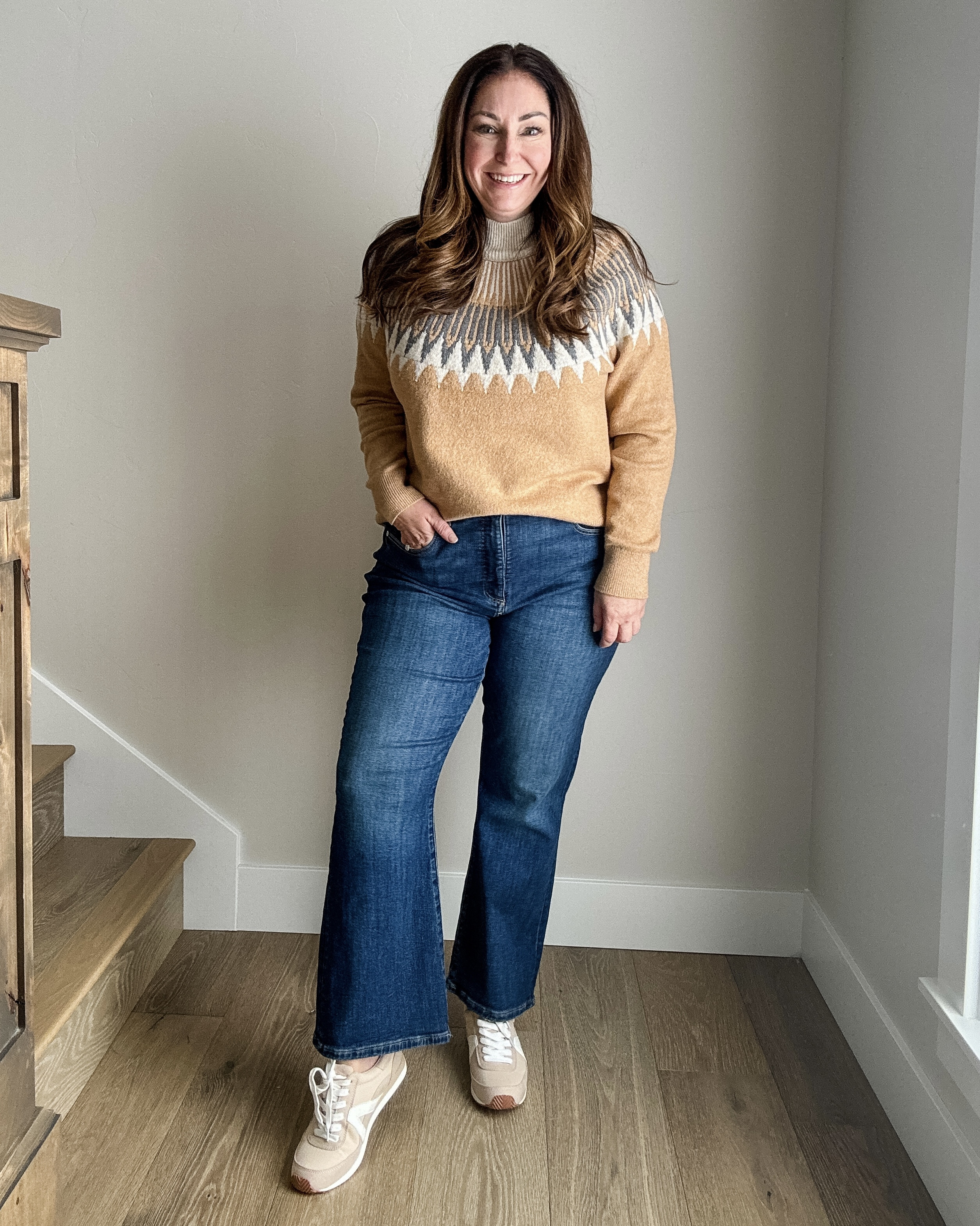 Love this Fair Isle mock turlSweater with Jeans and sneakers for a cute everyday look from Loft // Fit tips: sweater tts, L // jeans size down if in-between wearing 14/ 32 but have room 

#loftstyle #wintersweater #midsizejeans #casualoutfit 

 

#LTKOver40 #LTKMidsize #LTKFindsUnder50