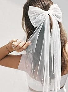 Jeairts Bridal Hair Bow Veil Pearl Wedding Hair Piece White Tulle Bow with Clip Bachelorette Part... | Amazon (US)