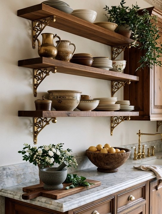 Want your kitchen to feel more like a timeless European home? Start with your shelves.

One of the details you'll notice throughout classic Italian, French, and English homes is the use of extra-thick natural wood floating shelves supported by beautifully crafted antique brass brackets. They're practical, but they're also architectural, adding character long before you style them.

Pair them with an antique brass or brushed gold faucet, and the entire kitchen begins to feel cohesive. The warm wood, aged brass, and natural stone work together to create a space that feels collected over time rather than decorated all at once.

Floating shelves also give you the freedom to display the pieces you use every day—beautiful bowls, plates, pottery, cookbooks, greenery, and heirloom pieces—turning everyday essentials into part of your home's decor.

These timeless European details are slowly finding their place in North American homes, and for good reason. They never go out of style.

Browse our curated collection of natural wood floating shelves, antique brass brackets, and designer faucets to create a kitchen that feels warm, elegant, and beautifully timeless.

Because the most beautiful kitchens don't follow trends—they borrow from centuries of great design.

#FloatingShelves #EuropeanKitchen #AntiqueBrass #ElegantAndDriven 

 #LTKHome