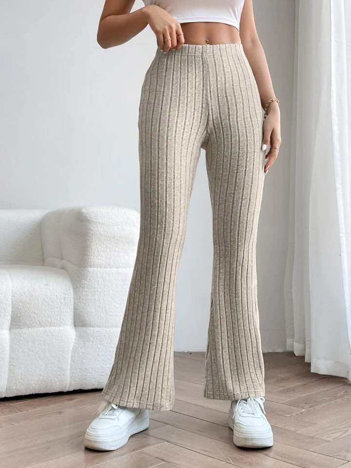 SHEIN PETITE Solid Ribbed Knit Flare Leg Pants | SHEIN