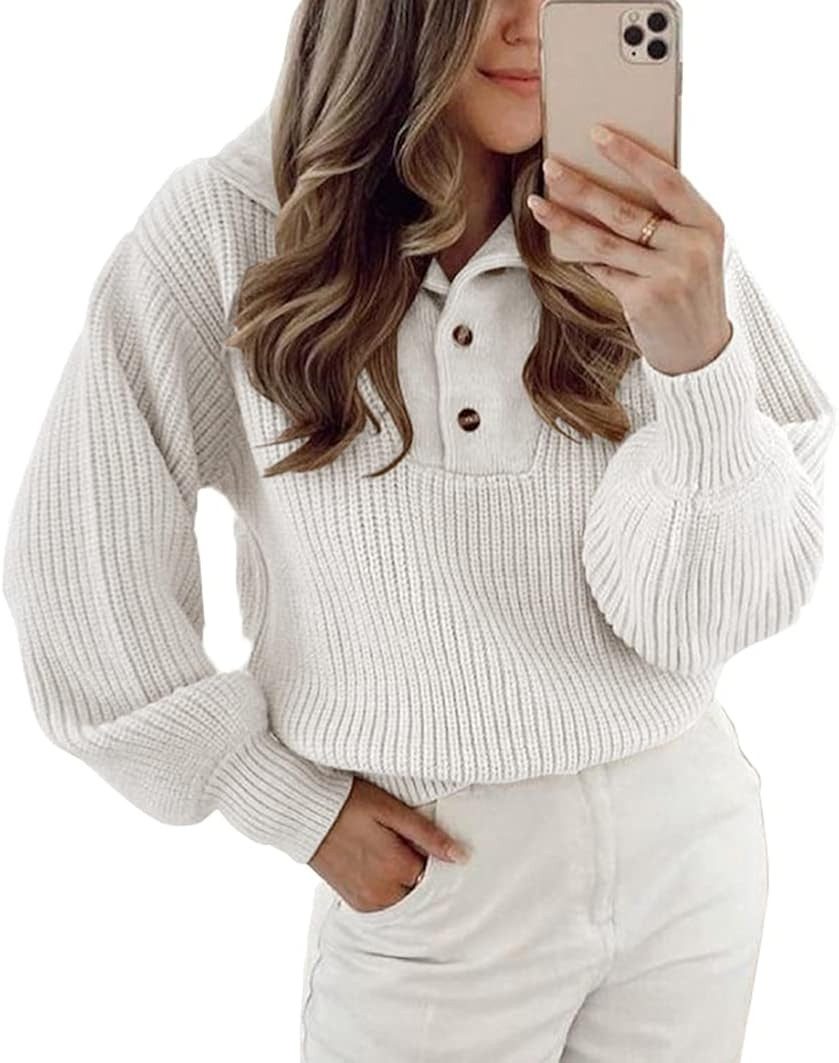 BTFBM Women Casual Button Up Turtleneck Sweaters Long Sleeve Knitted Solid Color Soft Loose Fall ... | Amazon (US)