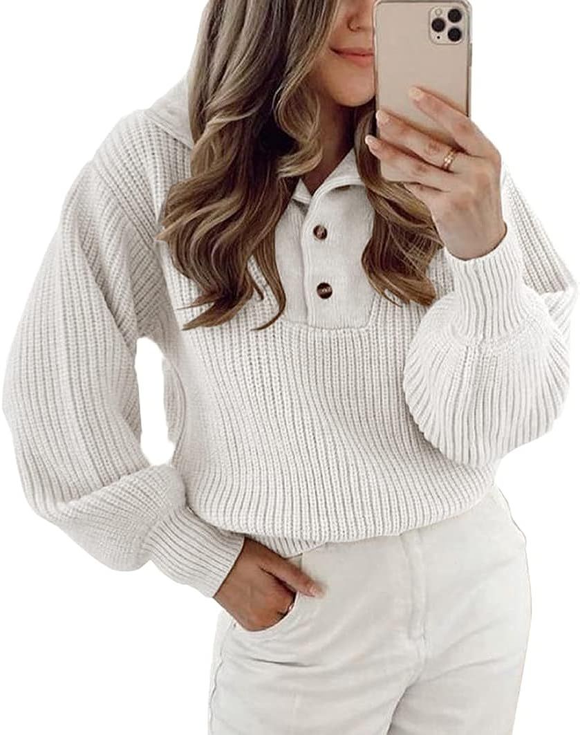 BTFBM Women Casual Button Up Turtleneck Sweaters Long Sleeve Knitted Solid Color Soft Loose Fall ... | Amazon (US)