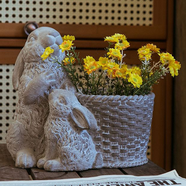 Rabbits with Basket Cement Planter | Antique Farm House