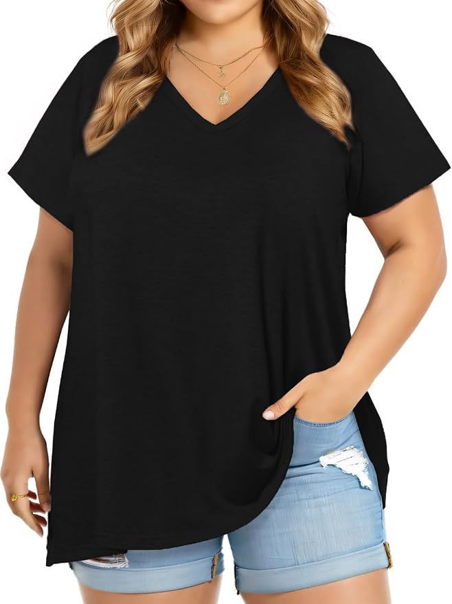 JOELLYUS Plus Size Tops for Women Summer Top Loose Fit Tee Shirts V Neck Short Sleeve Blouse 2026 | Amazon (US)