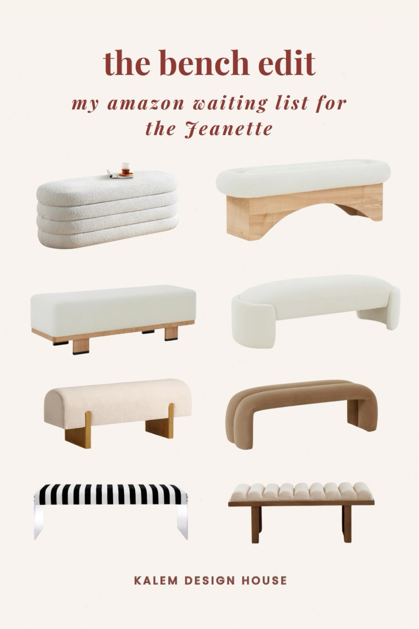 Our list of benches ready to go for install week at our Jeanette project 🔨✨🔨✨

#homedecor

Home Decor, End of bed benched, Boucle & Wood Bench, 18" W x 18" D x 37" H, Ivory/Natural
Modern Bench,47” Width End of Bed Bench with Cylindrical Cushion and Wood Legs,Upholstered Linen Beige Fabric Entryway Bench for Living Room,Light Brown Legs
Furniture Envy Paris Velvet/Acrylic Bench, Black/White
Abrianna Wood BaseFurniture Toledo Cream Velvet Bench Cream
Bench, 18" W x 18" D x 33" H, Ivory/Natural
Furniture Leigh Taupe Velvet Channeled Bench
Modern Wooden Upholstered Bench, Padded Seat for Kitchin Dining Room Table, Entryway Accent, or Window Seating, Refined Natural Finish

#LTKHome