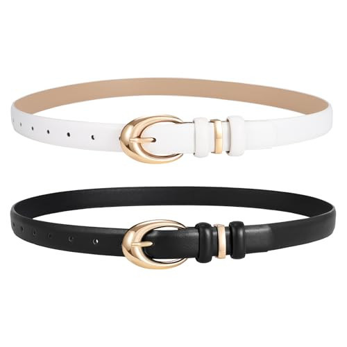 2 Pack Women Leather Belts for Jeans Dress Fashion Ladies Belt with Gold Silver Buckle | Amazon (US)