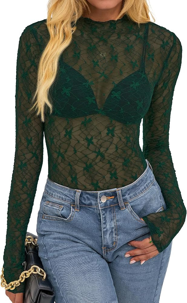 BTFBM Lace Tops for Women 2025 See Through Mesh Top Crew Neck Long Sleeve Fitted Sheer Party Club... | Amazon (US)