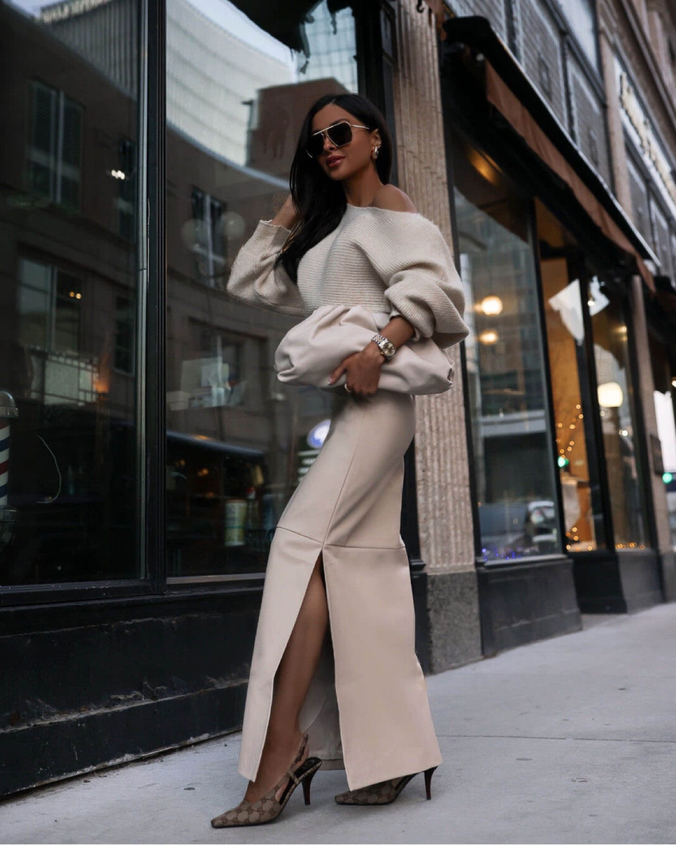 Nordstrom winter / spring outfit ideas 
Topshop faux leather skirt wearing a US 4
Off the shoulder sweater wearing an XS
Gucci slingback heels run TTS
Bottega Veneta the pouch bag


#LTKworkwear #LTKSeasonal #LTKfindsunder100