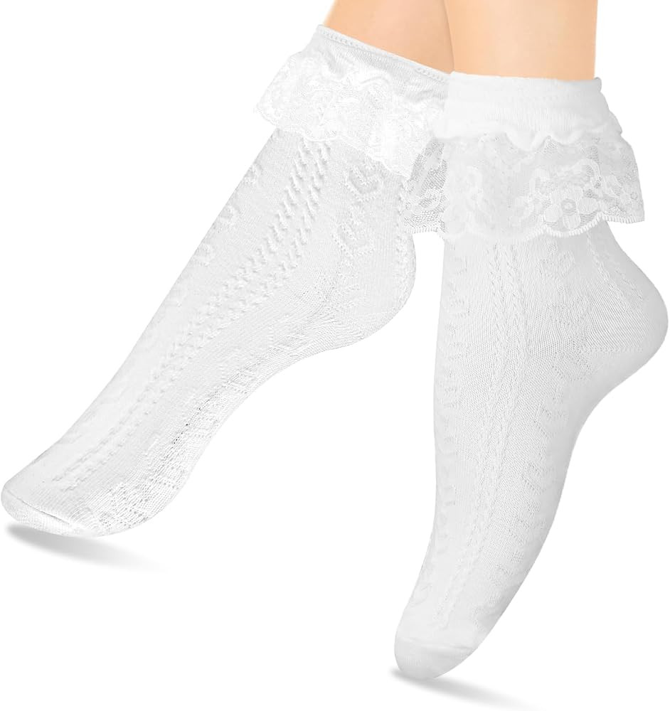 Women Frilly Ankle Socks - Soft White Ruffle Fashion Ladies Princess Lace Cotton Cute Socks | Amazon (US)