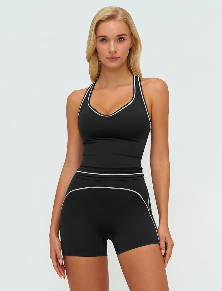 QBGJTD Two Piece Workout Sets for Women Color Block Racerback Tank Tops and High Waist Shorts Gym... | Amazon (US)